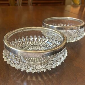 VTG clear crystal diamond point silver plate trim made in England set of 2 bowls
